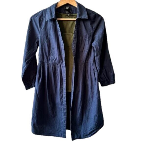 H&M blue shirt dress tunic size 2 front button button down casual trendy office - Picture 2 of 3